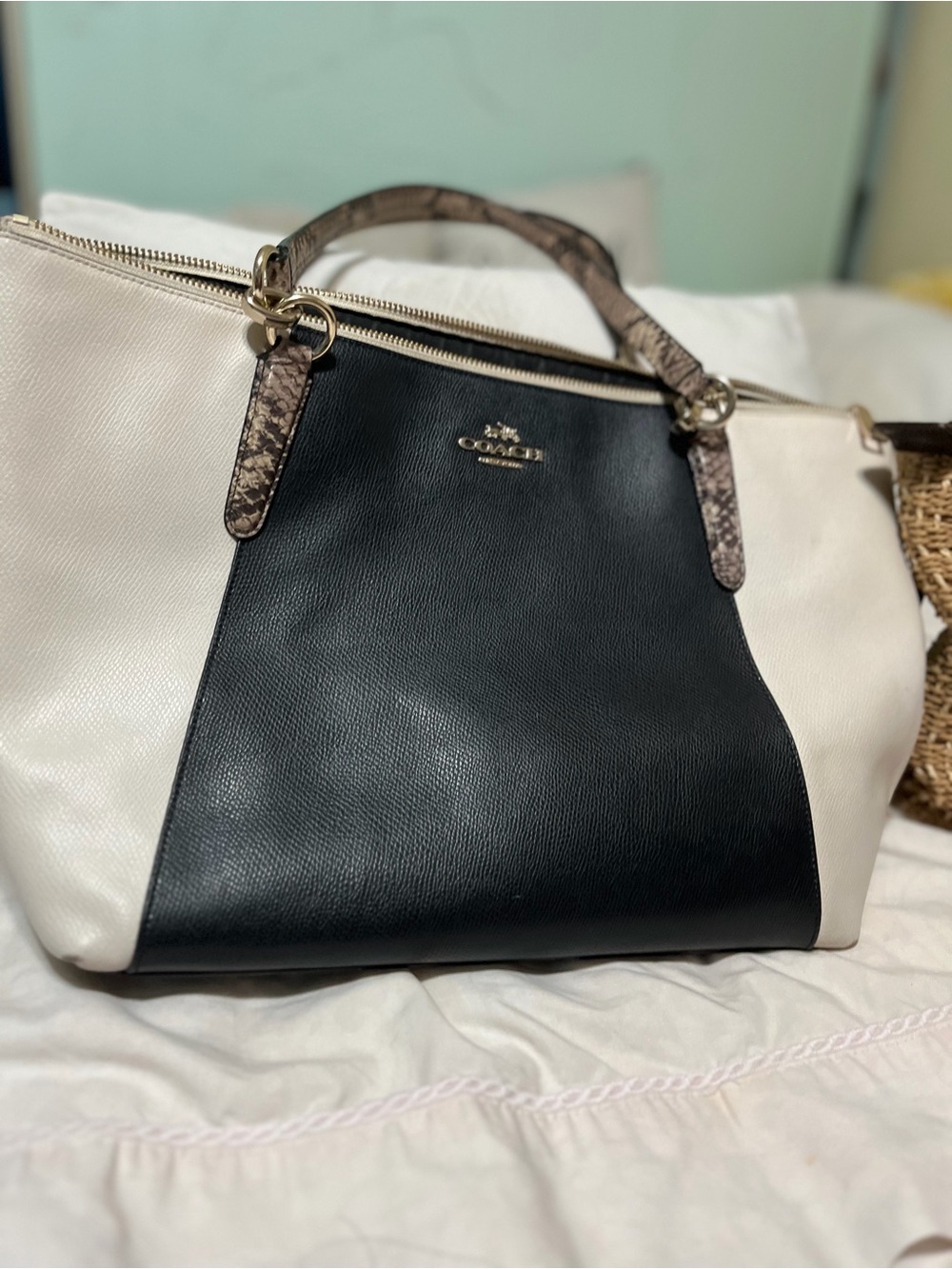 Coach Two-Tone Leather Tote in Black and Cream with Snake-Print Handles
